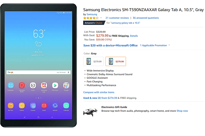 Grab the Wi-Fi only Samsung Galaxy Tab A 10.5 tablet for $280 from Amazon