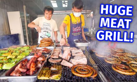 Thai Street Food – HUGE MEAT BBQ!! Sausage Coils + Curry Noodles in Mae Sariang, Thailand!
