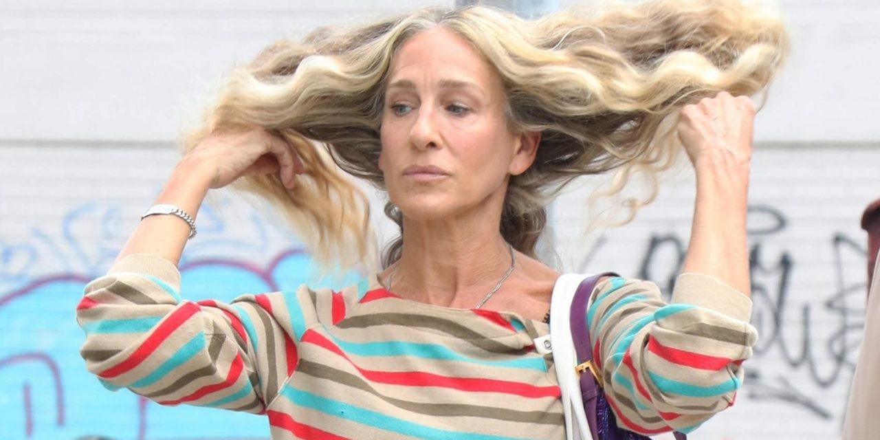 Sarah Jessica Parker Pairs Striped Shirt with White Dress While Filming ‘And Just Like That’